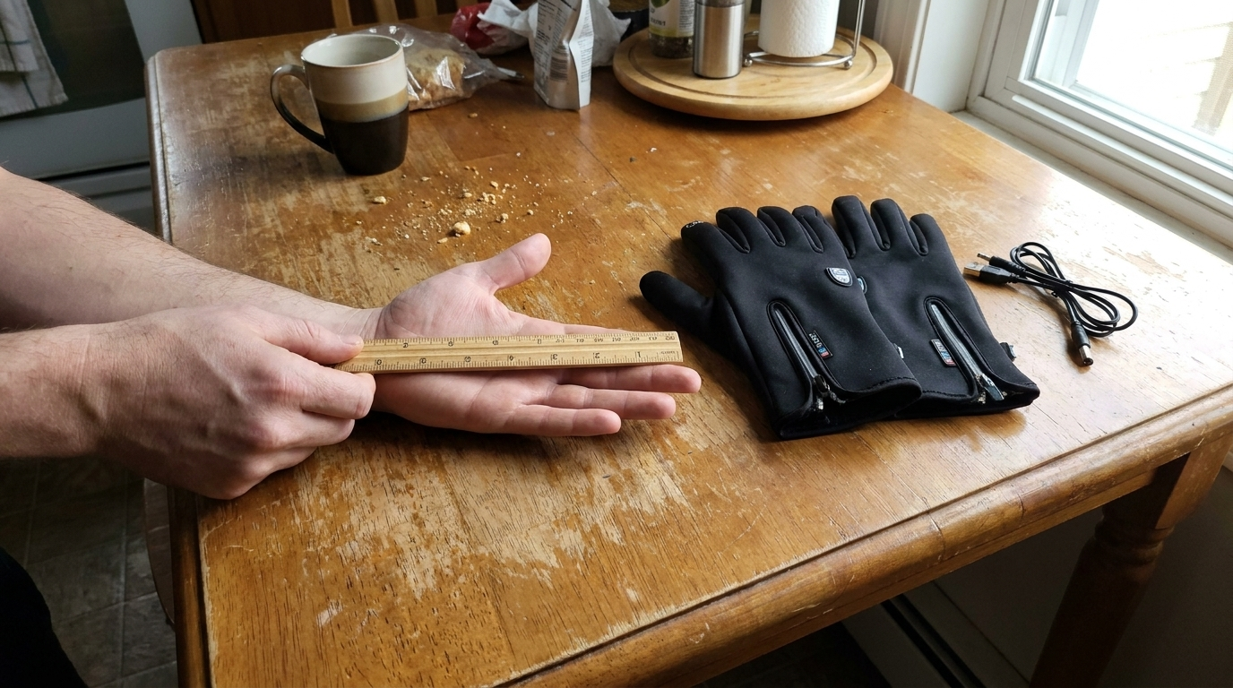 Palm width being measured beside a thin black heated glove