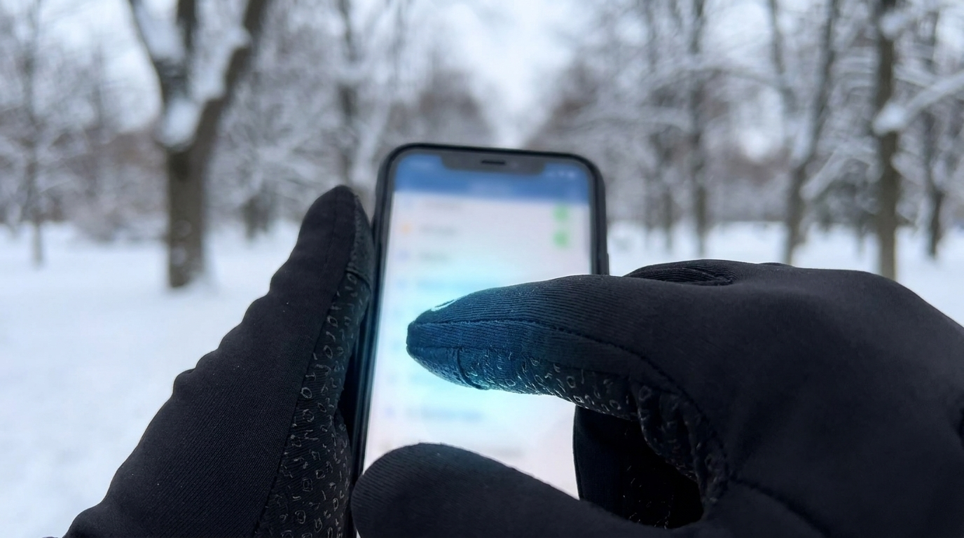 Person using a phone while wearing thin black gloves
