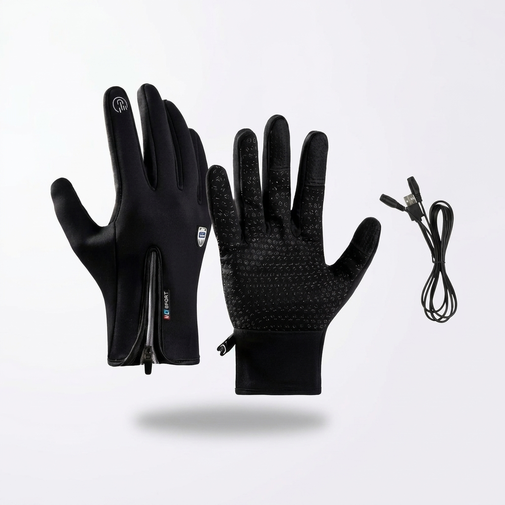 Pair of thin black heated gloves with USB cable