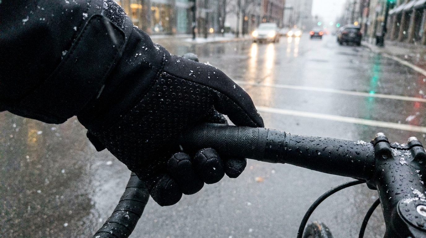 Black heated glove gripping bicycle handlebars in winter rain
