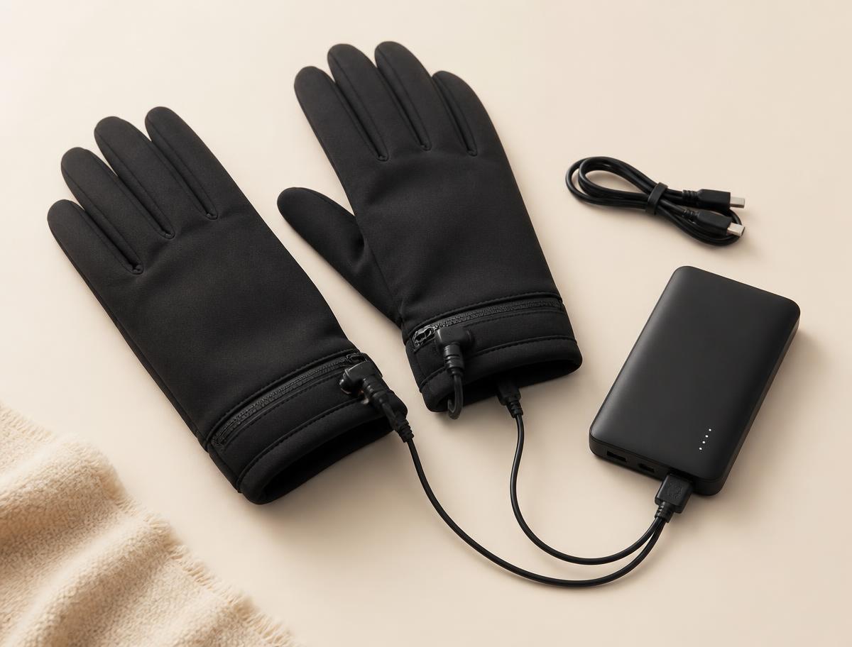 Thin heated gloves beside a standard USB power bank and cable